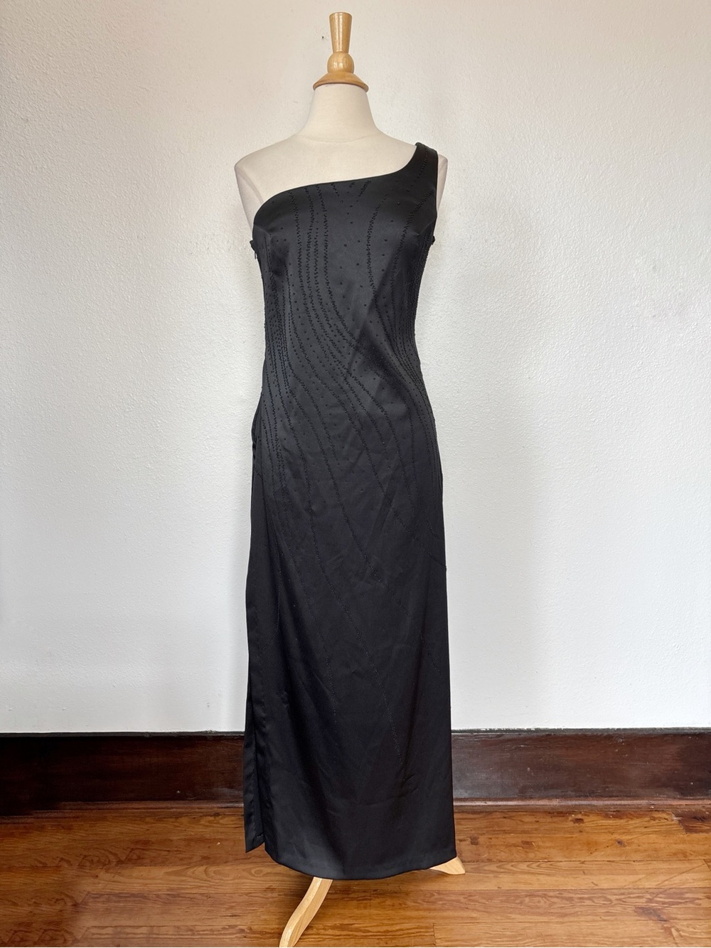 Vintage 90s Black Goth Satin Sparkle Full Length One Shoulder Dress